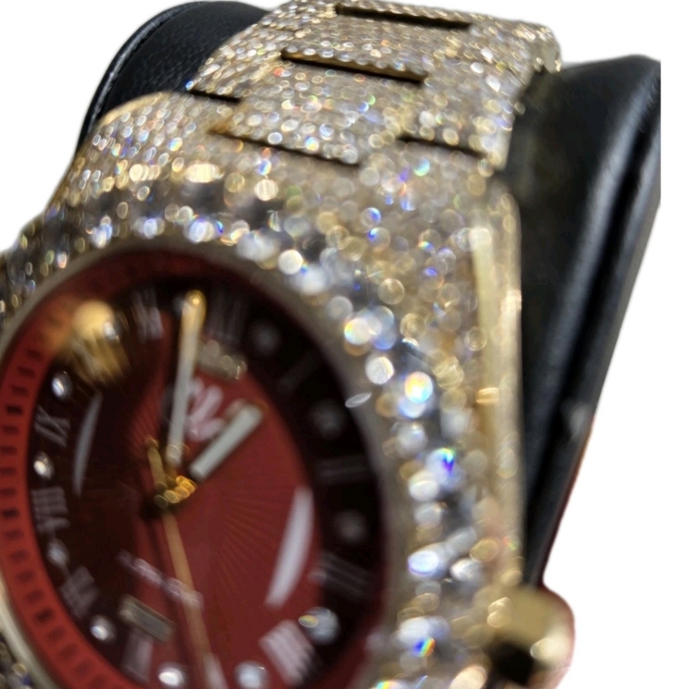 GLD Gold Iced Out 42MM Fully Iced Alpha Era® w/Diamond Prong Link Band /Red Face - Picture 5 of 12